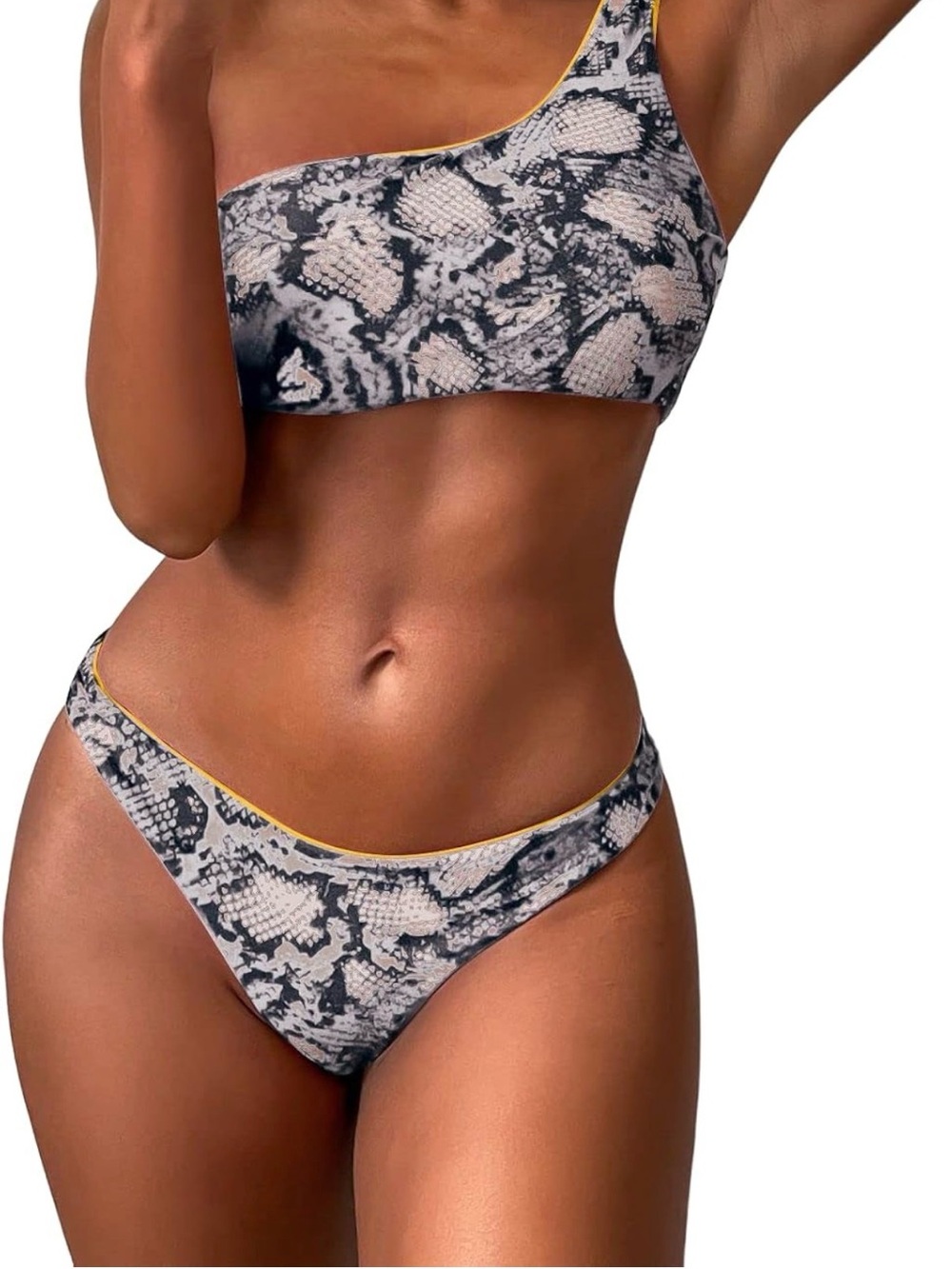 One-Shoulder Snake Print/Yellow Reversible Bikini